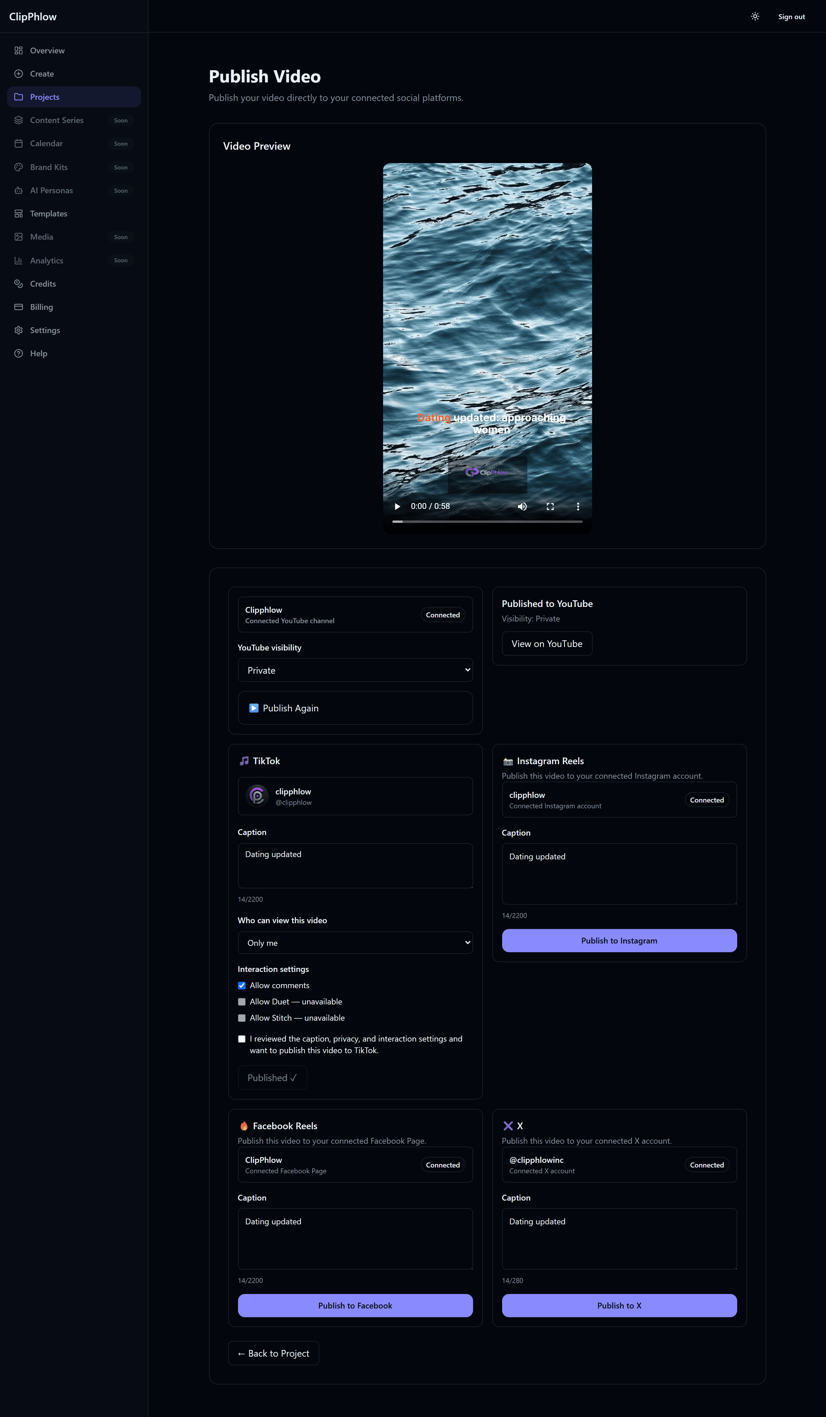 ClipPhlow publishing dashboard
